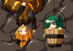  blonde_hair blush bow bucket fang green_eyes green_hair hair_bobbles hair_bow hair_ornament highres in_bucket in_container kisume kurodani_yamame long_sleeves madare-rin multiple_girls open_mouth red_eyes short_hair smile touhou twintails upside-down wooden_bucket 