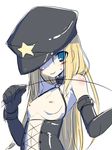  bdsm blonde_hair blue_eyes blush bondage bound breasts collar dominatrix elbow_gloves gloves hat long_hair nipple_piercing nipples original piercing sketch smile yanagi_yuu 