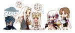  3girls black_hair brown_eyes brown_hair china_dress chinese chinese_clothes cloud_over_head crown cup dark_persona dark_sakura dress dress_of_heaven emiya_kiritsugu fate/stay_night fate/zero fate_(series) feather_boa hair_ribbon illyasviel_von_einzbern irisviel_von_einzbern kotomine_kirei long_hair matou_sakura multiple_boys multiple_girls rakuko red_eyes ribbon tea traditional_media watercolor_(medium) white_hair 