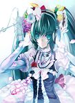  aqua_hair bad_id bad_pixiv_id blue_eyes dress flower hair_flower hair_ornament hands_on_headphones hatsune_miku headphones hekiten highres long_hair microphone petals solo twintails very_long_hair vocaloid 