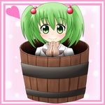  b.leaf blush bucket green_eyes green_hair hair_bobbles hair_ornament heart in_bucket in_container kisume short_hair smile solo touhou twintails wide_sleeves wooden_bucket 