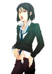  airi_h bad_id bad_pixiv_id bob_cut fate/zero fate_(series) green_eyes green_hair male_focus midriff necktie otoko_no_ko short_hair solo tongue waver_velvet 