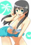  aqua_sarong bad_id bad_pixiv_id black_hair blush breasts cleavage daniel_(artist) flower front-tie_top green_eyes hair_flower hair_ornament highres large_breasts leaning_forward long_hair open_mouth sarong saten_ruiko shiny shiny_skin smile solo to_aru_kagaku_no_railgun to_aru_majutsu_no_index v 