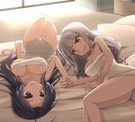  ahoge ass bare_legs bare_shoulders bed bed_sheet blue_hair breasts cleavage collarbone holding_hands idolmaster idolmaster_(classic) large_breasts long_hair miura_azusa multiple_girls open_mouth shijou_takane silver_hair smile upside-down van-s very_long_hair 