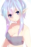  bare_shoulders breasts colored_eyelashes face lavender_eyes lavender_hair long_hair medium_breasts original pointy_ears simple_background solo takeshima_(nia) upper_body white_background 