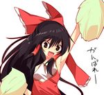  :d alternate_costume arm_up armpits black_hair brown_eyes cheerleader hair_tubes hakurei_reimu long_hair looking_at_viewer open_mouth outline pom_poms shamo_(koumakantv) simple_background smile solo touhou translated upper_body white_background 