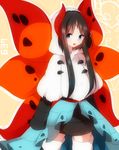  black_hair blue_eyes facial_mark forehead_mark gen_5_pokemon highres hood insect_wings long_hair personification pokemon pokemon_(creature) sleeves_past_wrists solo takeshima_(nia) thighhighs volcarona white_legwear wings 