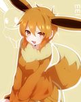  animal_ears brown_eyes brown_hair eevee extra_ears fang gen_1_pokemon highres looking_at_viewer open_mouth personification pokemon pokemon_(creature) short_hair smile solo tail takeshima_(nia) v_arms 