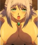  1girl ahegao blush breasts brooch catue_dragundaala drooling green_eyes implied_sex jewelry large_breasts nude princess_knight_catue purple_hair screencap stitched third-party_edit third_party_edit tongue 