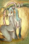  blue_hair breasts chutkat ear_piercing female hair mammal marsupial nipples nude opossum piercing solo wood yellow_eyes 