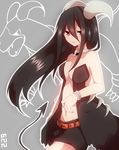  bare_shoulders belt black_hair bracelet breasts center_opening cleavage gen_2_pokemon highres horns houndoom impossible_clothes jewelry long_hair medium_breasts navel personification pokemon pokemon_(creature) red_eyes shorts solo tail takeshima_(nia) 