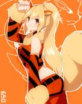  animal_ears arcanine arm_up bare_shoulders blonde_hair blush brown_eyes detached_sleeves fang fur_trim gen_1_pokemon highres long_hair looking_at_viewer personification pokemon pokemon_(creature) ponytail smile solo tail takeshima_(nia) 