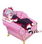  bad_id bad_pixiv_id bow chaise_longue dress grey_hair hair_bow idolmaster idolmaster_cinderella_girls kanzaki_ranko kurokuro red_eyes short_hair sitting smile solo striped striped_legwear thighhighs twintails 