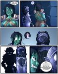  black_hair breasts cleavage clothing comic dialog dialogue draenei duo english_text female glowing_eyes green_body hair horn intersex orc peeing shia text urine video_games warcraft world_of_warcraft 