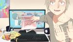  chips chopsticks computer cup_ramen food green_hair highres kagerou_project kano_shuuya kido_tsubomi konohaw long_hair male_focus mekakushi_code_(vocaloid) potato_chips solo sweatdrop vocaloid 