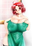  1girl ahoge bare_shoulders bathroom black_legwear black_thighhighs blush breasts character_request cleavage erect_nipples female highres hips huge_breasts ponpo red_eyes red_hair short_hair solo standing thighhighs thighs towel wet wide_hips 