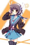  black_legwear blush cardigan headphones kita_high_school_uniform looking_at_viewer nagato_yuki open_cardigan open_clothes purple_hair raiou school_uniform serafuku short_hair solo suzumiya_haruhi_no_yuuutsu thighhighs yellow_eyes 