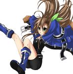  :o arms_up boots bow brown_hair dialclock eyebrows_visible_through_hair green_eyes hair_bow highres if_(choujigen_game_neptune) long_hair long_sleeves looking_at_viewer neptune_(series) open_mouth sleeves_past_wrists solo 