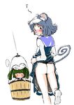  :3 animal_ears ass bloomers bloomers_on_head blush bucket dress dress_lift goton_goton green_hair grey_hair highres in_bucket in_container kisume long_sleeves mouse_ears mouse_tail multiple_girls nazrin no_panties object_on_head short_hair tail touhou twintails underwear white_background wooden_bucket 