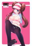  blue_eyes blush breasts brown_hair cum cum_on_body cum_on_lower_body double_bun facial feet highres lactation large_breasts long_hair mei_(pokemon) navel nipples pantyhose pantyhose_pull pink_background pokemon pokemon_(game) pokemon_bw2 raglan_sleeves ririko_(zhuoyandesailaer) saliva shirt_lift solo twintails visor_cap 