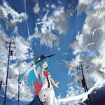  animal bird blue_hair bow cloud day food fruit hat highres hinanawi_tenshi leaf long_hair open_mouth peach red_eyes short_sleeves sky solo tetsurou_(fe+) touhou 