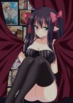  agekichi_(heart_shape) aqua_eyes black_hair black_legwear blush bow breasts cleavage collarbone curtain_grab curtains elf hair_bow holding kuu_(agekichi) large_breasts long_hair original photo_(object) pointy_ears sitting smile solo thighhighs twintails yuriko_(agekichi) 