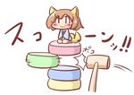  :3 animal_ears blush brown_hair chibi maitora mallet original sitting solo tail v_arms 