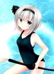  black_hairband blue_eyes hair_ribbon hairband hitodama konpaku_youmu konpaku_youmu_(ghost) one-piece_swimsuit ribbon school_swimsuit short_hair silver_hair smile solo swimsuit touhou yuinya_(chicken5536) 