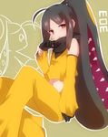  ahoge bare_shoulders black_gloves black_hair detached_sleeves extra_mouth gen_3_pokemon gloves highres looking_at_viewer mawile midriff navel pants personification pokemon pokemon_(creature) prehensile_hair red_eyes scarf sitting solo takeshima_(nia) 