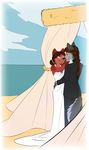  brown_hair clothed clothing couple demicoeur dress female formal hair hair_bun long_hair male marriage no_pupils pigtails plait seaside short_hair suit 