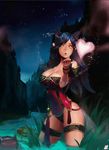  2girls ahri animal_ears annie_hastur bare_shoulders black_hair blown_kiss breasts cleavage facial_mark fox_ears fox_tail heart highres instant_ip large_breasts league_of_legends long_hair md5_mismatch multiple_girls night parted_lips revision tail teemo thighs water whisker_markings yellow_eyes 