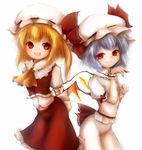  amanojaku ascot bad_id bad_pixiv_id bat_wings blonde_hair blue_hair crystal hat hat_ribbon highres multiple_girls open_mouth puffy_sleeves red_eyes remilia_scarlet ribbon short_sleeves siblings side_ponytail sisters touhou white_background wings wrist_cuffs 