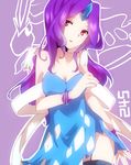  bare_shoulders black_legwear breasts cleavage dress forehead_jewel garter_straps gen_2_pokemon head_tilt highres long_hair looking_at_viewer medium_breasts nail_polish personification pokemon pokemon_(creature) purple_hair red_eyes sash solo strapless strapless_dress suicune takeshima_(nia) thighhighs wristband 
