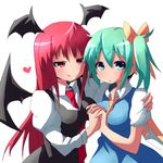  :&lt; :q ascot bat_wings blue_dress blush breasts daiyousei dress dress_shirt fairy_wings green_eyes green_hair hair_ribbon head_wings heart highres holding_hands hug impossible_clothes impossible_dress impossible_vest interlocked_fingers koakuma kuromu_(underporno) large_breasts long_hair long_sleeves multiple_girls naughty_face necktie open_mouth puffy_sleeves red_eyes red_hair red_neckwear ribbon shirt short_hair short_sleeves side_ponytail simple_background sweat tongue tongue_out touhou very_long_hair vest white_background white_shirt wings you_gonna_get_raped yuri 