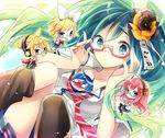  3girls aqua_eyes aqua_hair bespectacled blush chibi flower gaha glasses hair_flower hair_ornament hatsune_miku kagamine_len kagamine_rin kaito long_hair looking_at_viewer megurine_luka miniboy minigirl multiple_boys multiple_girls necktie school_uniform twintails vocaloid 