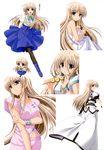  :d :o absurdres bed_sheet black_legwear blue_eyes blush boots bow bracelet breasts brown_hair chibi chibi_inset dango embarrassed food higa_yukari highres jewelry large_breasts lily_strosek long_hair looking_back lyrical_nanoha mahou_senki_lyrical_nanoha_force naked_sheet official_art open_mouth pajamas pantyhose shorts skewer skirt smile steed_(nanoha) sweat wagashi 