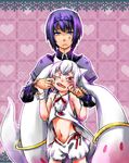  akemi_homura akemi_homura_(male) androgynous cheek_pinching genderswap genderswap_(ftm) kyubey mahou_shoujo_madoka_magica navel personification pinching purple_eyes purple_hair seed804 short_hair 