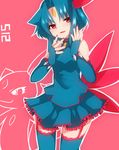  animal_ears blue_hair blue_legwear elbow_gloves fingerless_gloves forehead_jewel garter_straps gen_2_pokemon gloves highres looking_at_viewer nail_polish personification pokemon pokemon_(creature) red_eyes skirt sneasel solo tail takeshima_(nia) thighhighs 