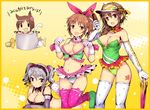  :d :o abe_nana animal_ears bare_shoulders border bottle breasts brown_eyes brown_hair cat cat_ears cat_tail cleavage detached_collar elbow_gloves fang flower gloves green_leotard hair_flower hair_ornament headdress heart holding idolmaster idolmaster_cinderella_girls kanzaki_ranko kara_(color) large_breasts leotard long_hair maekawa_miku multiple_girls open_mouth pink_legwear polka_dot polka_dot_legwear ponytail race_queen senkawa_chihiro short_hair silver_hair smile solid_oval_eyes tail tattoo thighhighs translation_request twintails umbrella visor_cap white_legwear 