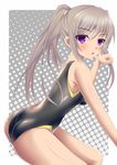  ass bad_id bad_pixiv_id ginsen long_hair one-piece_swimsuit original paw_pose ponytail purple_eyes silver_hair solo swimsuit 