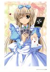  absurdres ace apron bible_of_silver_cross blue_eyes blush book bow brown_hair card cross dress hair_bow hair_ribbon heart higa_yukari highres holding holding_card lily_strosek long_hair lyrical_nanoha mahou_senki_lyrical_nanoha_force one_eye_closed playing_card puffy_sleeves ribbon smile solo 