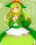  dress green_hair hat highres lilligant long_hair looking_at_viewer orange_eyes personification pokemon pokemon_(creature) solo takeshima_(nia) 