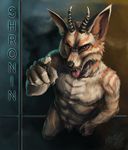  abstract_background anthro badge biceps bloodshot23 body_markings canine dragon fur horn hybrid male mammal markings muscles nude open_mouth pecs pointing red_eyes saliva shronin solo standing stripes tongue tongue_out wolf 
