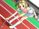  1girl adachi_rika band_uniform baton blonde_hair blush boots braid cheerleader game_cg hair_ribbon joy_ride libido loli majorette marching_band_baton pinup_girls plaid plaid_skirt ribbon skirt solo track twin_braid twin_braids 