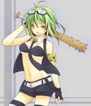  ahoge armband baseball_bat belt bra breasts detached_collar fingerless_gloves gloves goggles goggles_on_head green_hair gumi kairiki_bear_(&quot;lolita&quot;_songs) kuroi_(liar-player) looking_at_viewer medium_breasts nail nail_bat necktie open_mouth red_eyes short_hair short_shorts shorts solo thighhighs underboob underwear uneven_eyes vocaloid 