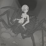  2019 absurd_res arachne arachnid arthropod arthropod_taur breasts clothing dagger digital_media_(artwork) female greyscale hair hi_res holding_object klifflod melee_weapon monochrome monster_girl_(genre) multi_eye navel short_hair signature solo spider taur weapon 