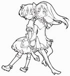  akemi_homura bubble_skirt closed_eyes greyscale holding_hands kaname_madoka lineart long_hair magical_girl mahou_shoujo_madoka_magica monochrome multiple_girls shiropuni skirt smile 