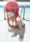  arm_support bikini blurry breasts cleavage collarbone depth_of_field gasai_yuno green_bikini hair_ribbon highres long_hair looking_at_viewer medium_breasts mirai_nikki open_mouth pink_eyes pink_hair pool pool_ladder ribbon sidelocks siraha sitting solo strap_slip swimsuit yokozuwari 