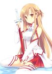  asuna_(sao) bare_shoulders blush breastplate brown_eyes brown_hair detached_sleeves long_hair looking_at_viewer sitting skirt solo sword_art_online takase_kanan thighhighs water weapon white_legwear 