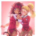  adora_(she-ra) animal_ears artist_name bangs belt black_belt black_nails blonde_hair blue_eyes blurry blurry_background blush brown_hair brown_pants catra closed_eyes commentary dark_skin english_commentary eyebrows_visible_through_hair fangs fingernails freckles frown hair_pulled_back hair_tie headdress heterochromia highres hug hug_from_behind jacket leaning_forward leonardo_ribeiro leotard long_hair long_sleeves looking_at_viewer masters_of_the_universe multiple_girls nail_polish open_mouth outside_border pants pantyhose ponytail red_jacket red_leotard sharp_fingernails she-ra_and_princesses_of_power shirt short_over_long_sleeves short_sleeves signature smile standing tail thighs uniform white_shirt wristband yellow_background yuri 
